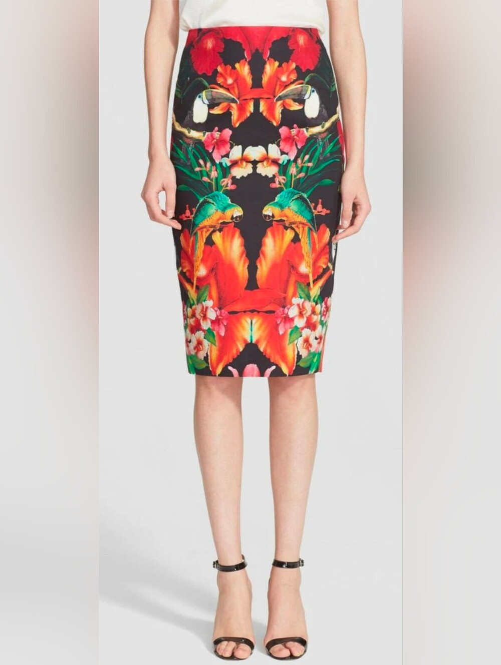 TED BAKER Tropical Toucan bird floral print midi straight pencil skirt NWT